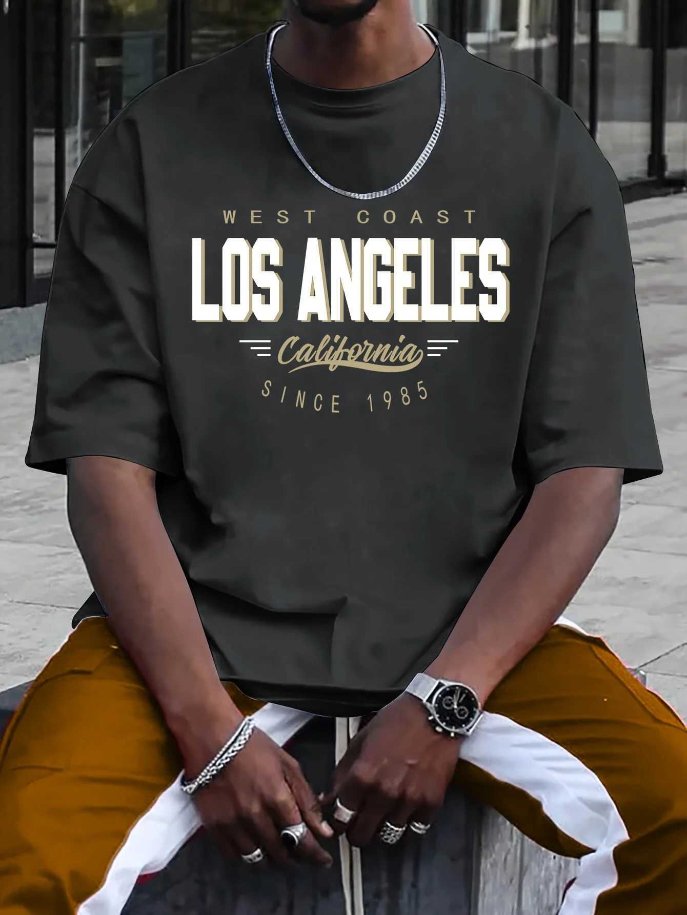Summer mens 100% cotton comfortable casual loose plus size LOS ANGELES printed sports round neck short sleeved T-shirt topT250318