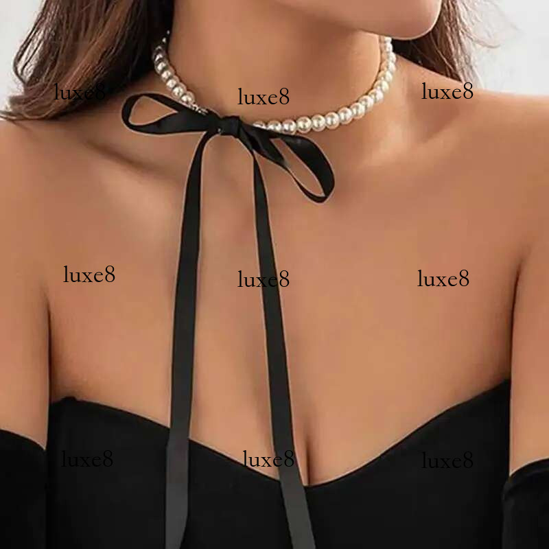 Exquisite Imitation Pearl Choker Fashionable Bow Tie Lace Up Velaet Necklace Personality Simple Jewelry For Woman
