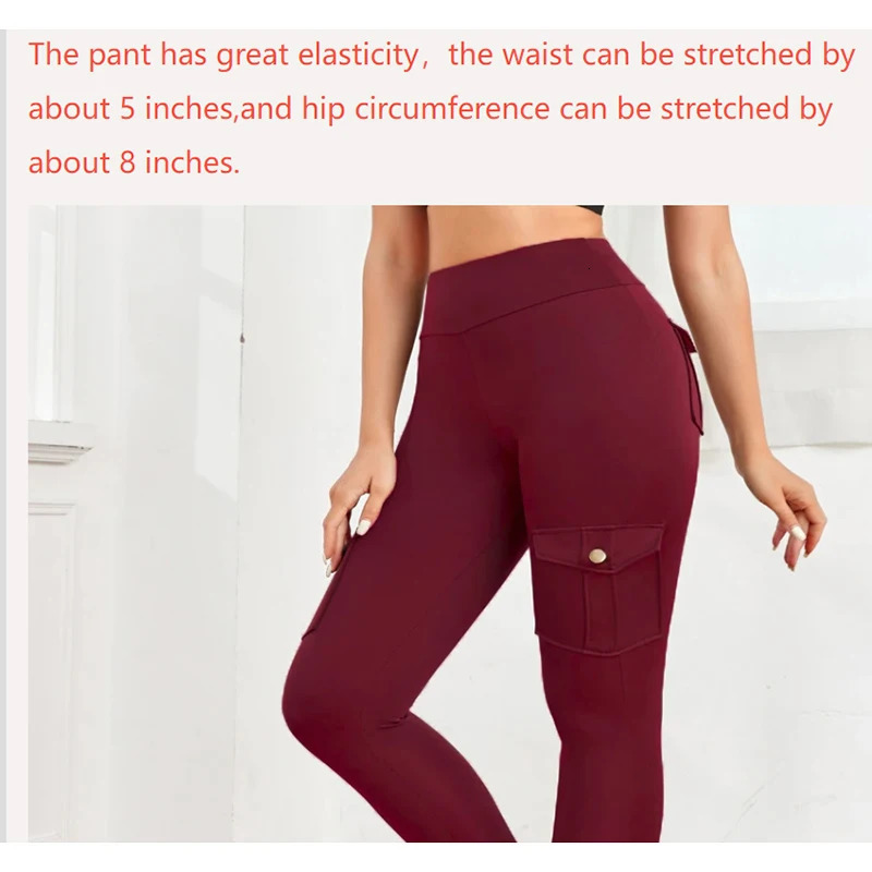Multi pocket cargo pants pencil high stretch yoga legs nude compression fitness work clothes womens casual 250317
