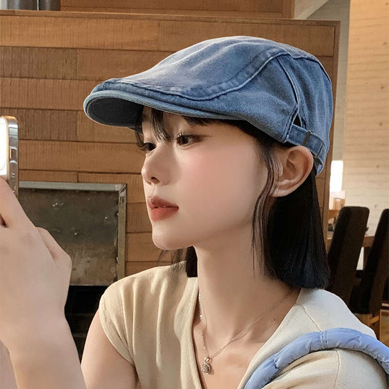 Washed denim forward women's Korean version big head circumference showing face small beret British style artistic hat