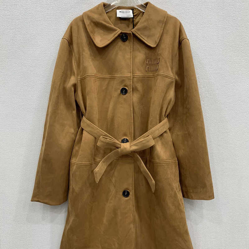 Women's Trench Coats Mirror Quality Designer high-end clothing letter embroidery lace up waistband lapel suede coat jacket for women
