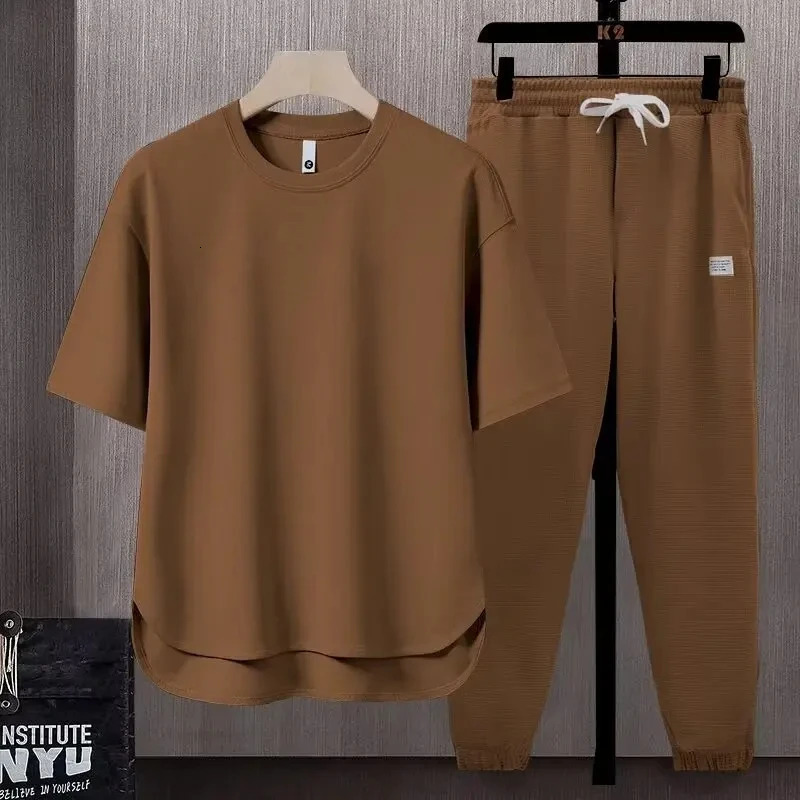 Summer Trend Loose Solid Color Breathable Mens Cotton Casual Short-sleeved Drawstring Pants Two-piece T-shirt Set 250318