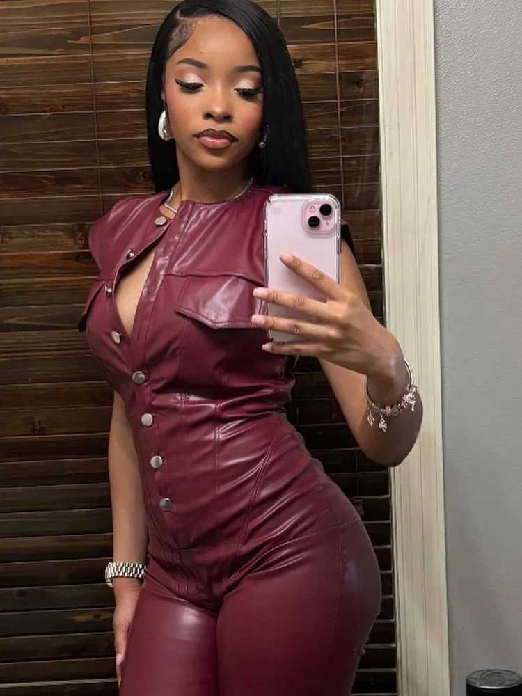 Bonnie Forest High Strt Red Artificial Leather Strapless jumpsuit Womens Button Detail PU Leather Set X250318