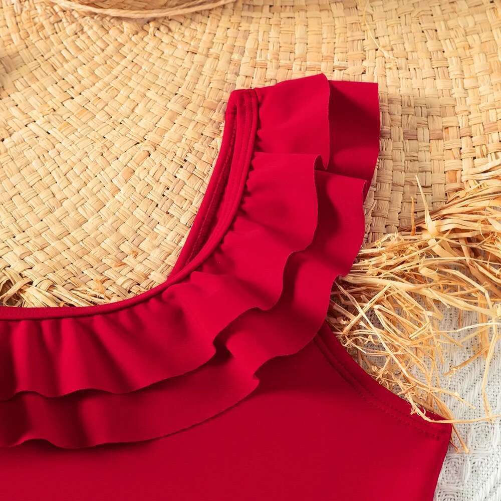 Retro red teenage swimsuit, one piece set with ruffled edges, beach wear for children aged 5 to 14
