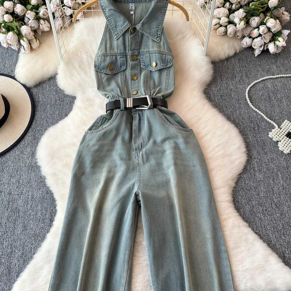 Womens denim jumpsuit tight fitting single chest casual high waist summer button up lapel wide leg jumpsuit X250318