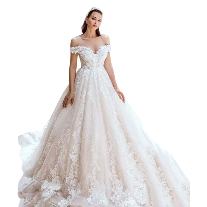 Elegant Off Shoulder Lace A-Line Wedding Dresses Princess Bridal Gown Court Train Back zipper
