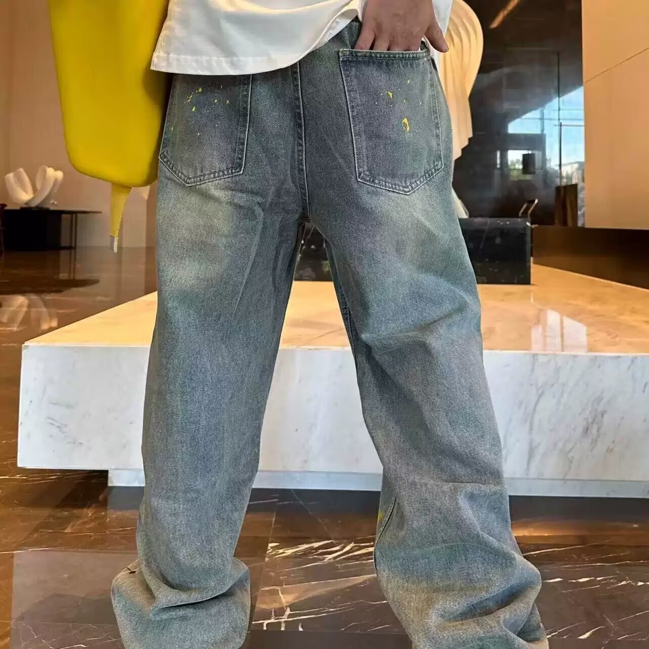 Hand Drawn Inkjet Men Jeans Printed Fashion Y2K Pants Korea Clothes Straight Hip Hop Trousers Male Streetwear
