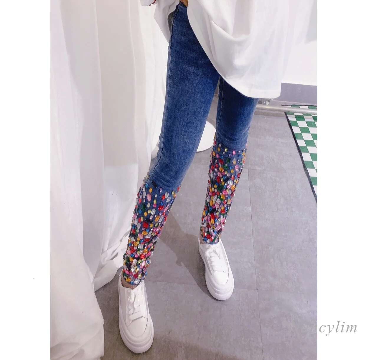 European Fashion Blue Women Heavy Industry Color Dia Design Comfortable Soft Stretch Skinny Jeans Denim Pants