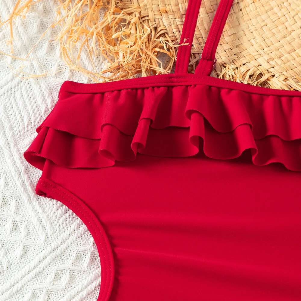 Retro red teenage swimsuit, one piece set with ruffled edges, beach wear for children aged 5 to 14