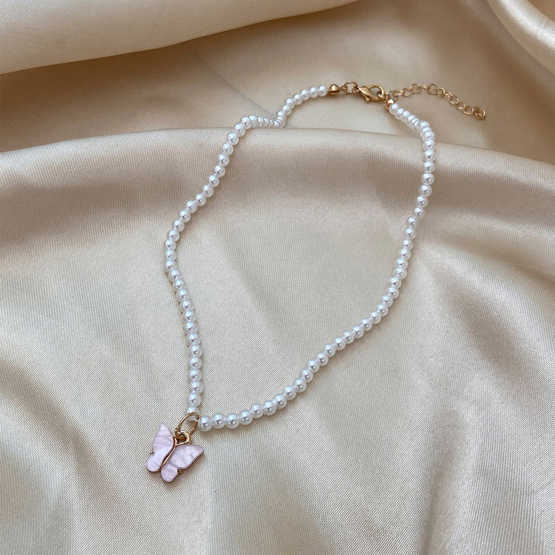 Imitation Pearl Acrylic Butterfly Pendant Necklace Women's Bohemian Choker Collarbone Chain Jewelry