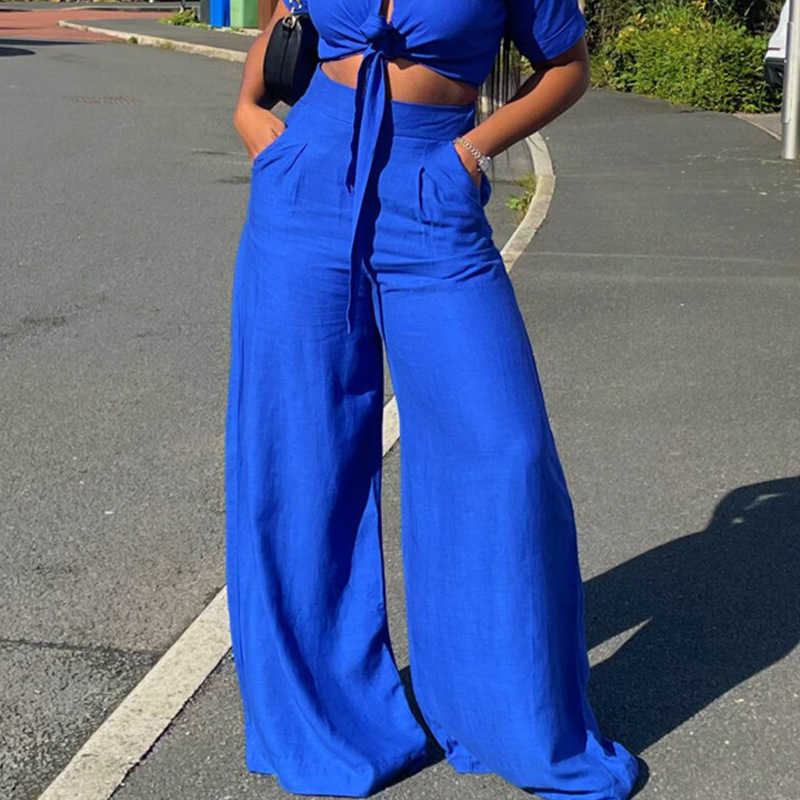 Summer plus size women's clothing new short sleeved wide leg pants two-piece set fashionable shirt set for women 250315
