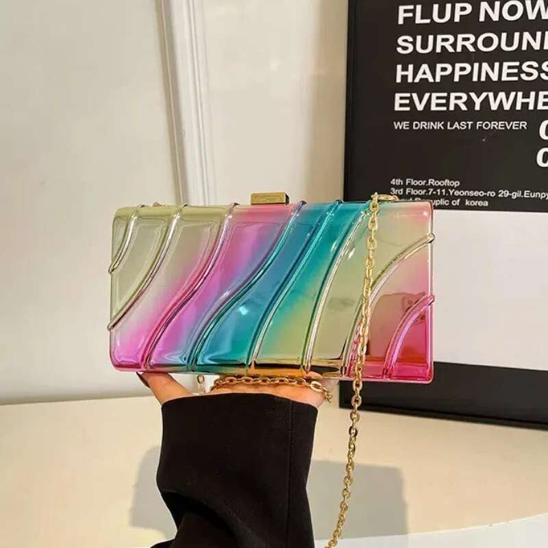 Box Evening Bags For Women 2025 Trend Metallic Fashion Square Crossbody Mirror Candy Chain Party Shoulder Bag Woman