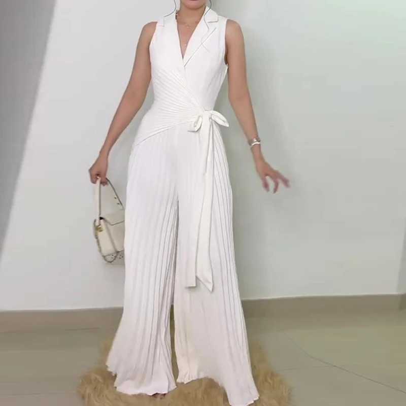 Elegant collar wrinkle free long jumpsuit for women fashionable high waisted lace office jumpsuit casual solid loose wide leg gaming suit X250318