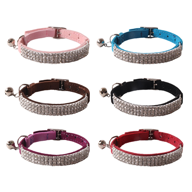 Soft Velvet Safe Cat Adjustable Collar with Bells and Sparkling Reflective Diamond Decoration, Safety Elastic Strap Collar for Kitty Small Cats (18-28