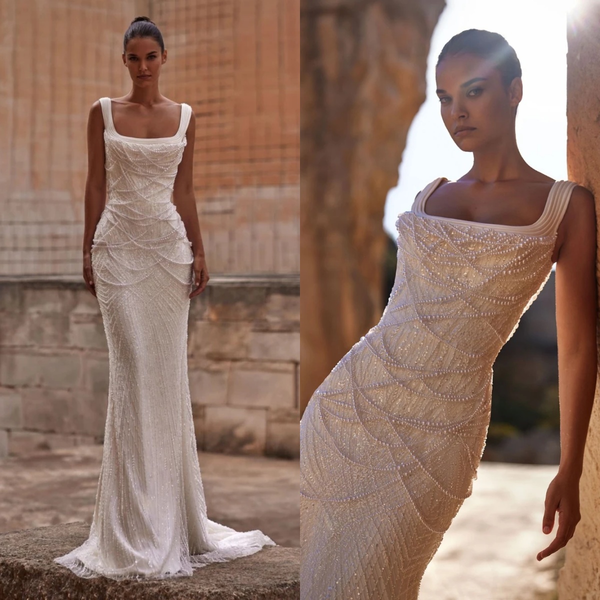 Elegant Women Wedding Square Neck Sleeveless Bridal Gowns Sequins Pearls Beading Sweep Train Dress Custom Made