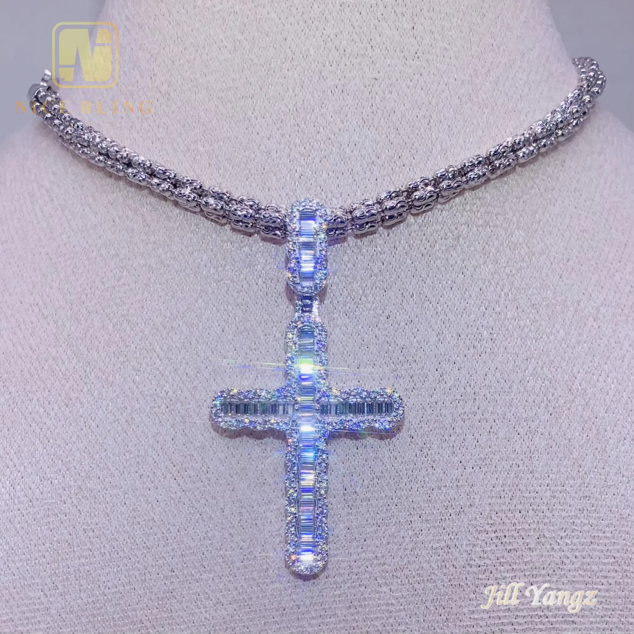Pass Diamond Tester Cross Pendant Baguette Moissanite 925 Silver Hip Hop Rock Iced Out Pendant Lucky Charms Custom Accepted
