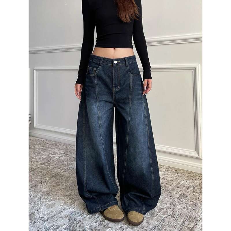 Blue Women's Retro Y2k 2000S Wide Leg Baggy Casual Denim Trouser High Waist Loose Jeans 2024 Autumn Haruku Full Length Pants