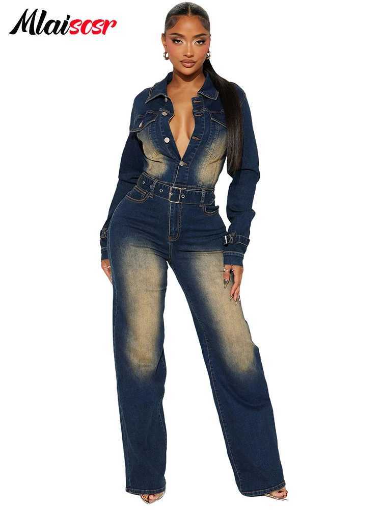 Mlaicsr stretch denim one-piece jumpsuit with waistband womens dress winter long slip collar washed jeans jumpsuit birthday jacket X250318