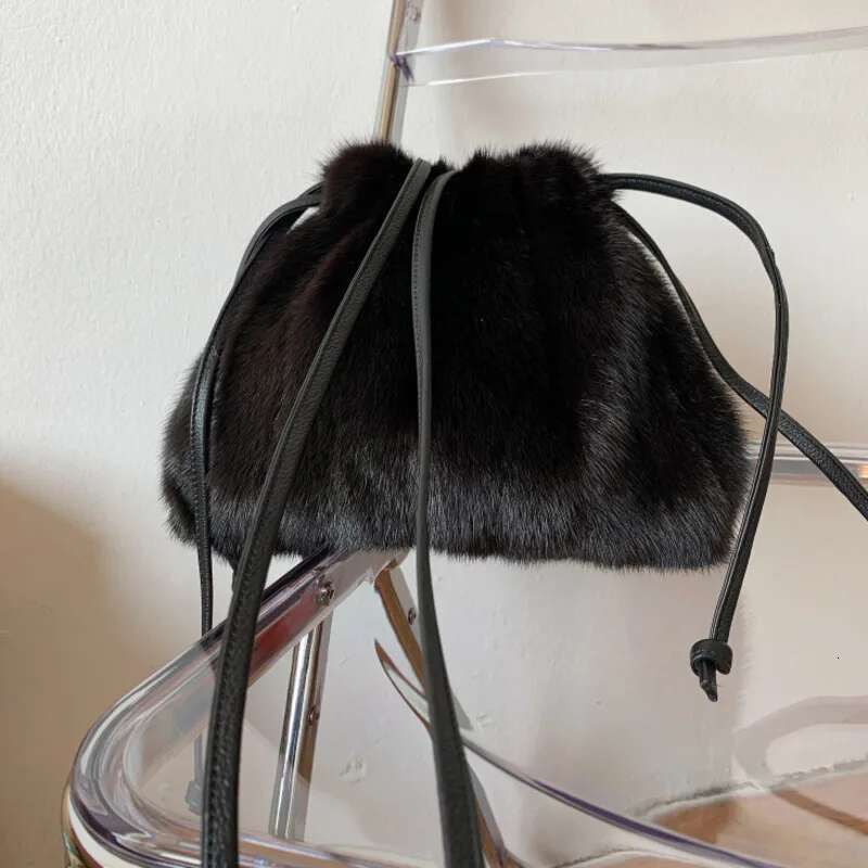 Winter Single Shoulder Women's Fluffy Mink Drawstring Fur Bucket Evening Party Bag Handbag Ladies