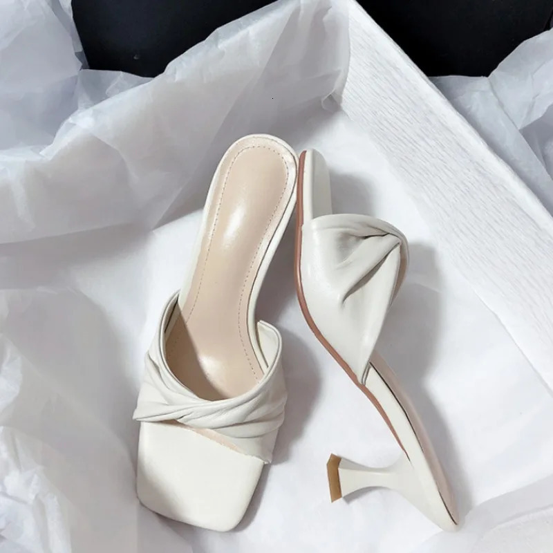 Fashion Summer Women Shoes Handmade Square Open Toe High Heels Outdoor Fashion Slippers Apricot Off White 250317