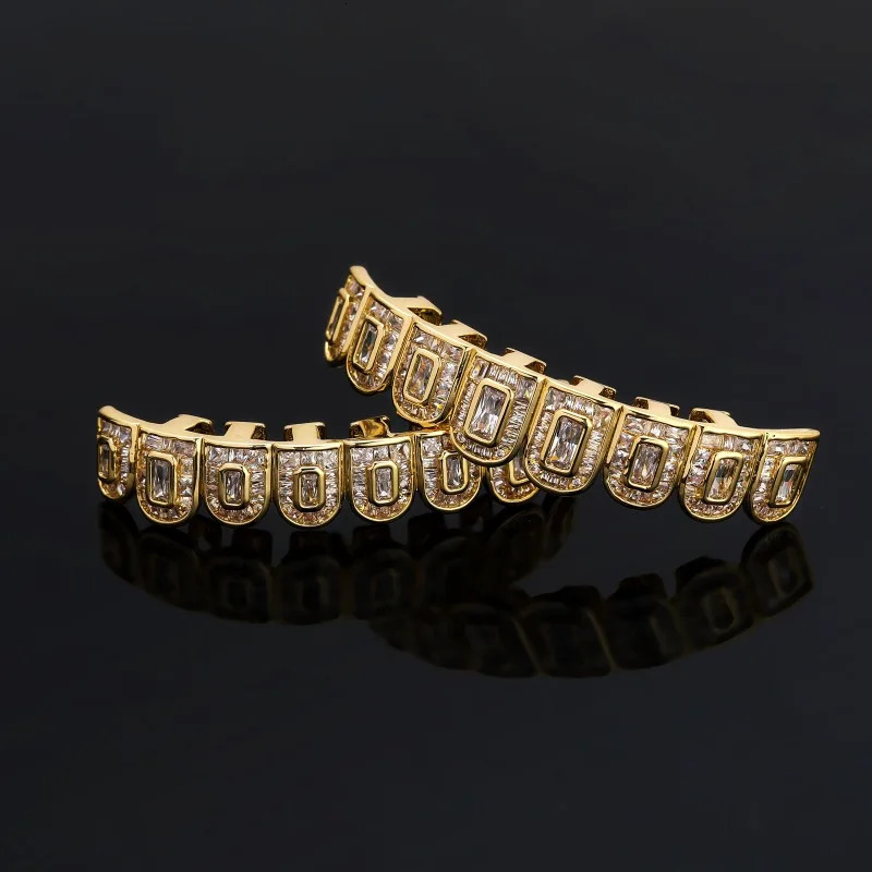 Hip Hop Iced Out T Square Zircon Tooth 8/8 for Men Body Piercing Jewelry Gold Plated Cubic Zirconia Teeth Grills Cap Set 250318