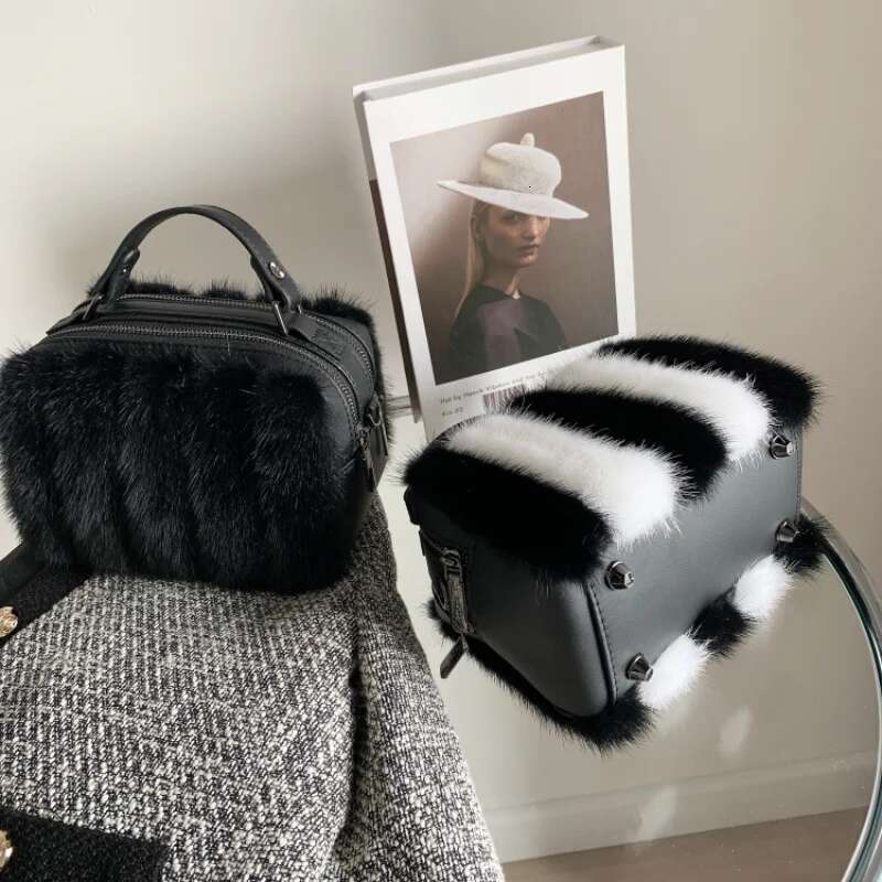 Bag Female Black White Handbag Real Mink Fur Shoulder Crossbody For Women Winter Furry Messenger Hand Bags