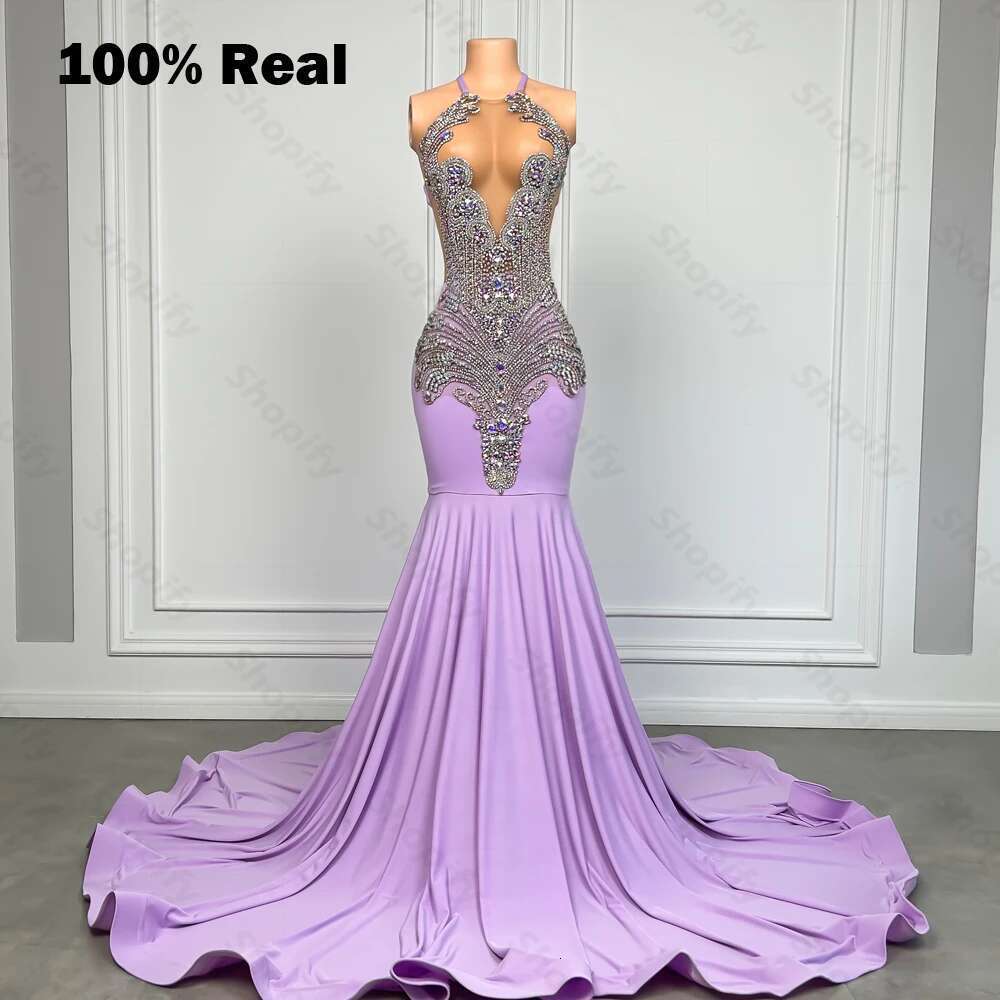 Sparkly Lilac Purple Rhies Long Dress For Black Girl Sexy Mermaid Style Formal Prom Party Gowns 2025 Customized Dr0318