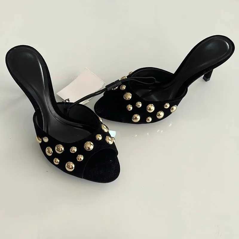 Studied Peep Toe Mes Stiletto High Heels with Gold Decoration Classic Sexy Lace Summer Sandals Party Casual Single Shoes Y250317