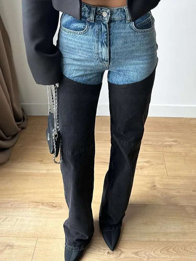 Fashion Y2k Patchwork Jeans For Women High Waist Zippers Button Pocket Straight Denim Pants 2025 Spring Summer Trousers Street
