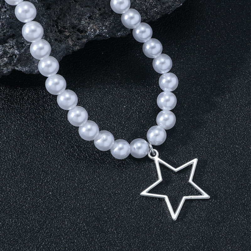 8mm Highlighter Imitation Pearl Necklace For Men And Women Hollow Five-pointed Star Pendant Necklace Jewelry