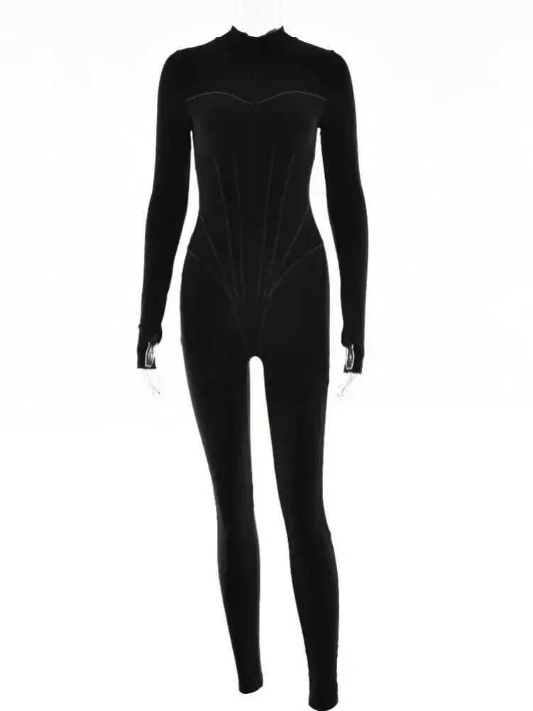 Sexy and elegant womens zipper O-neck long Sleve jumpsuit Strtwear 2025 spring womens outerwear one-piece sports bodysuit X250318