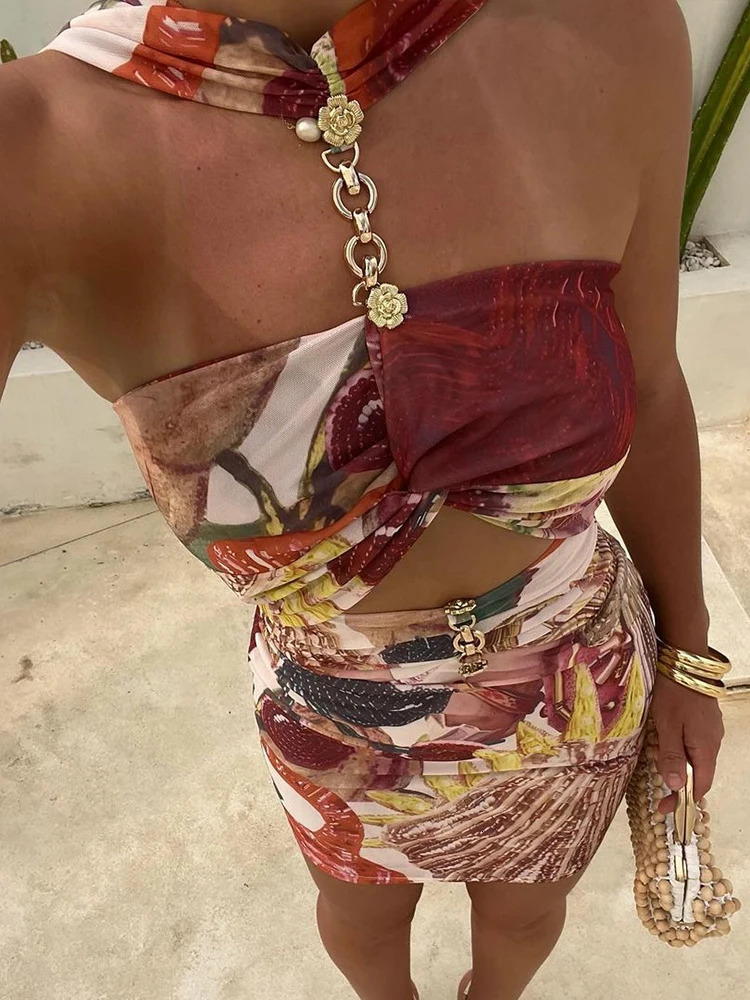 Chic Print Metal Ring Buckle Splicing Women Mini Dress Sexy Hollow Out Backless Fold Slim Dresses Lady Evening Party Gown 250318