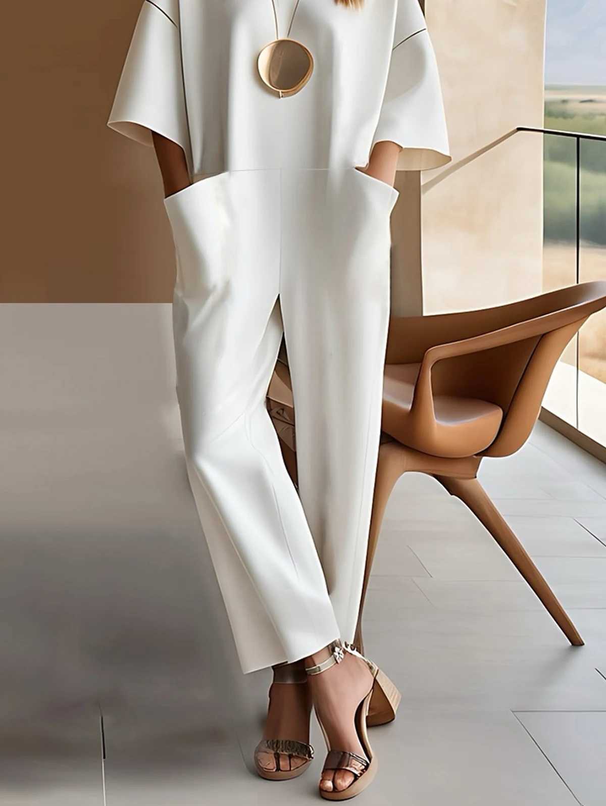 Womens loose jumpsuit solid color casual 3/4 Slve O-neck pocket pants womens daily jumpsuit X250318