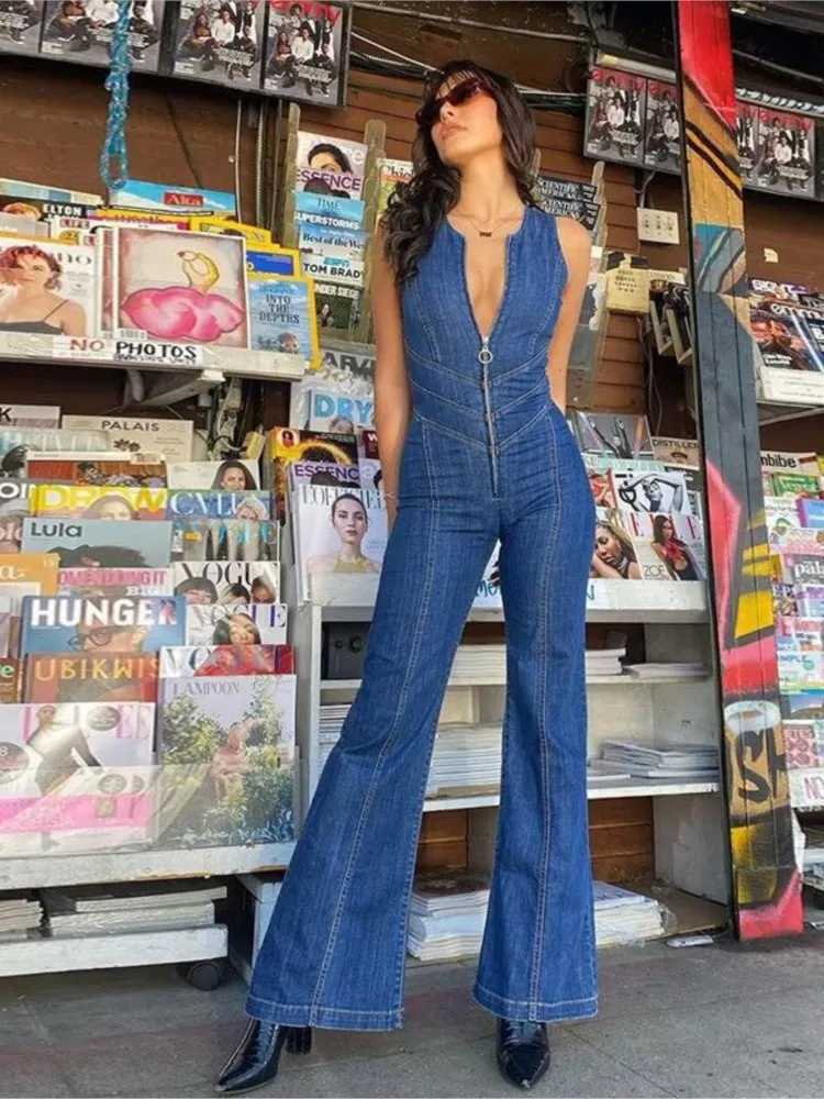 New womens spring and summer slim fit fashionable zipper sexy strapless high waist micro flash denim jumpsuit X250318