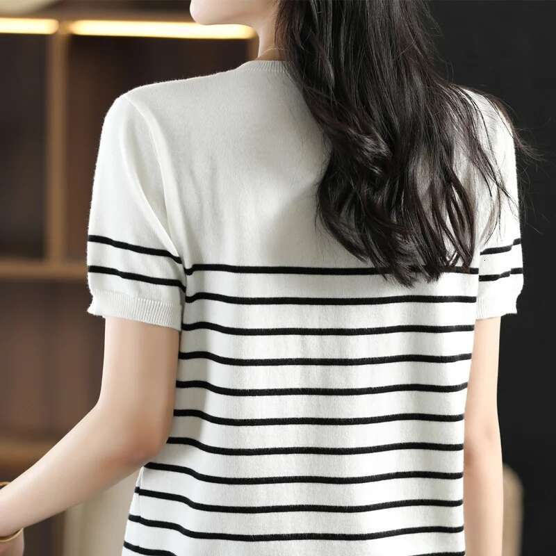 100% Pure Cotton T-Shirt Women's Knitted Striped Short Sleeved Casual Round Neck Tees Summer Basic Loose Tops Versatile
