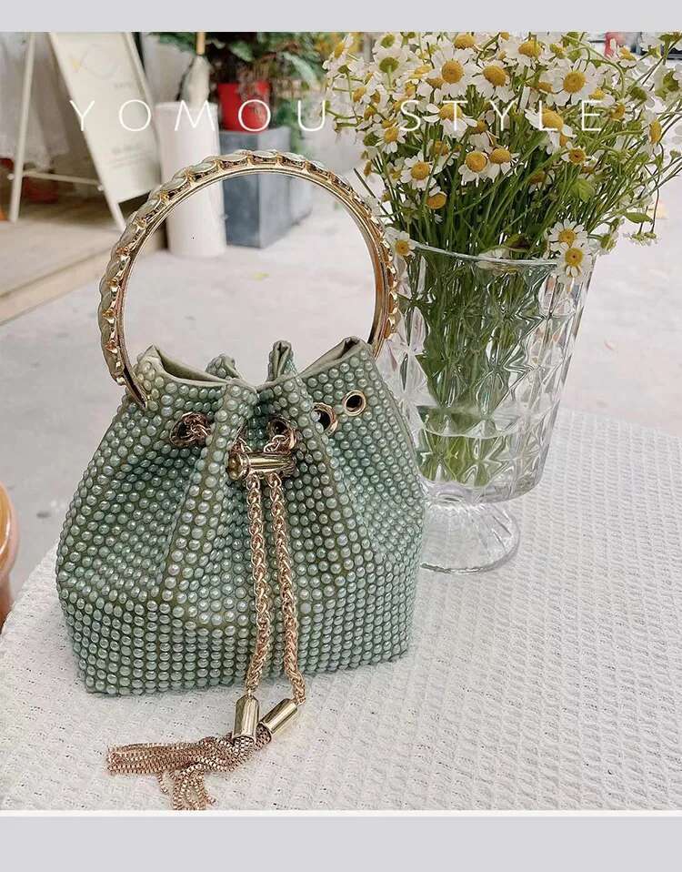 Fashion Ceramic Beads Beaded Shoulder Crossbody Metal Ring Handle Women's Handbag Evening Clutch Lady Purse Bucket Bag