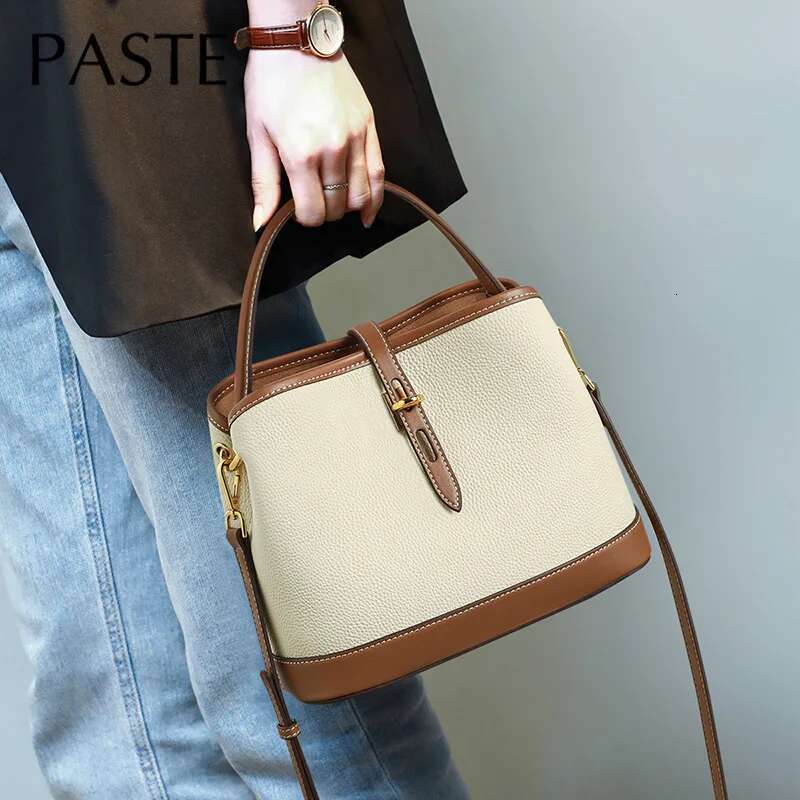 New Hit Color Retro Style Bucket Tote Cowhide Leather Women Handbag Brown Leisure Brand Design Ladies Shoulder Bag