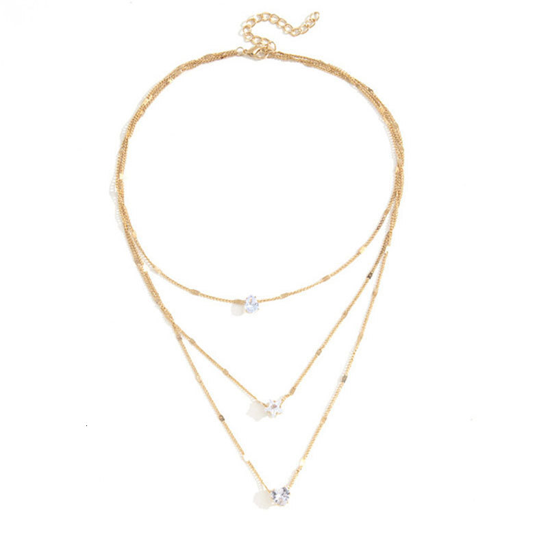 Water Drop Stars Love Three Layer Necklace Female Crystal Zircon Pendant Choker Collarbone Chain