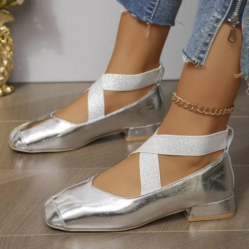 Meotina Women Genuine Leather Mary Janes Square Toe Flat Buckle Shallow Ladies Fashion Career Shoes Spring Autumn Gold Silver 40 250318