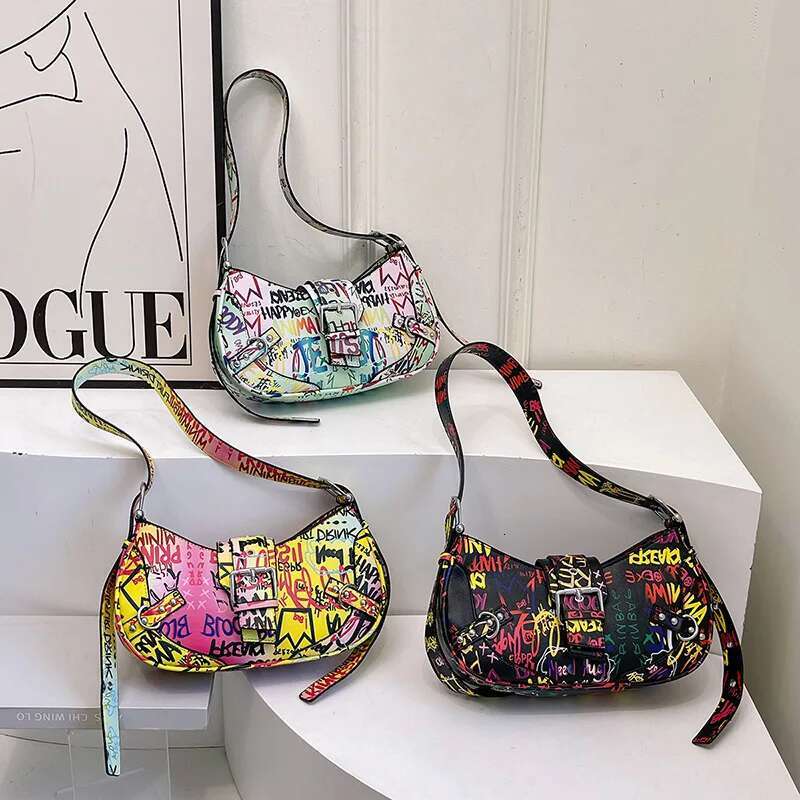 Hip Hop Graffiti Bags For Women 2025 New Leather Underarm Shoulder Bag Ladies Letter Fashion High Quality Hobos Handbag
