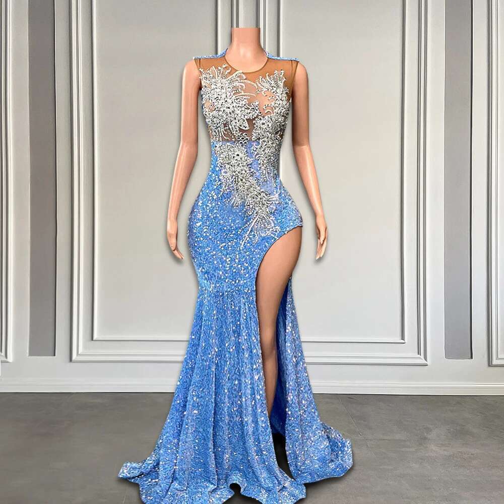 Light Blue Sequin Long Dress 2025 With Slit Sparkly Beaded Crystal Black Girl Mermaid Style Prom Gowns Customized Dr0318