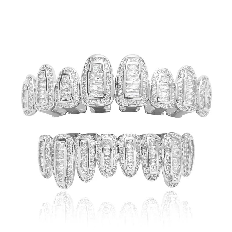 Square Zircon Teeth Holder Hip Hop Jewely Piercing Pave Teeth Grills Cap Top Bottom Set 8/8 Body Jewelry 250318