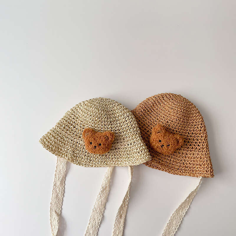 Instagram Cartoon Little Bear Children's Straw Summer Outdoor Sunscreen Sun Princess Baby Travel Strap Sunshade Hat
