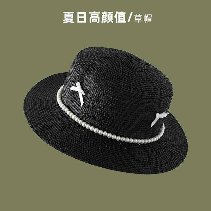Flat topped straw women's French pearl bow, flat edge hat, beach vacation style, sun protection hat