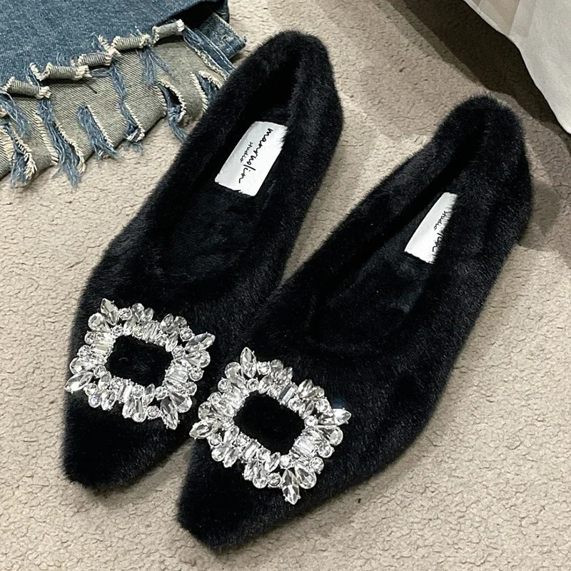Winter Fur Flats Shoes Woman Crystal Pointed Toe Slip on Ladies Flat Shoes Female Sexy Boat Shoes Mocasines er 250318