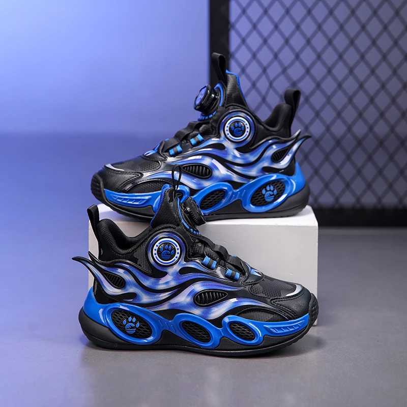 Childrens shoes autumn new waterproof leather rotating buckle flame basketball shoes sport casual shoes W250318