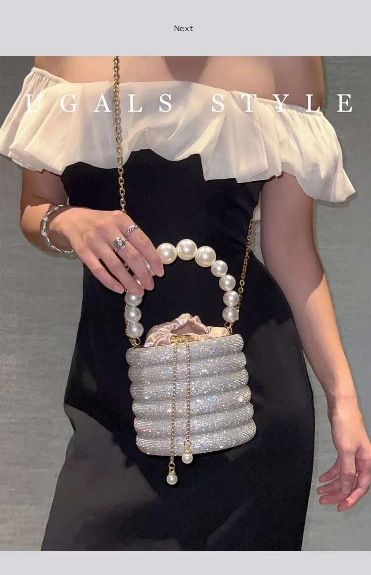 Glitter Bucket Pearl Beading Women's Handbag Bg Shiny Dias Evening Wedding Party Clutch Purse Shoulder Bag
