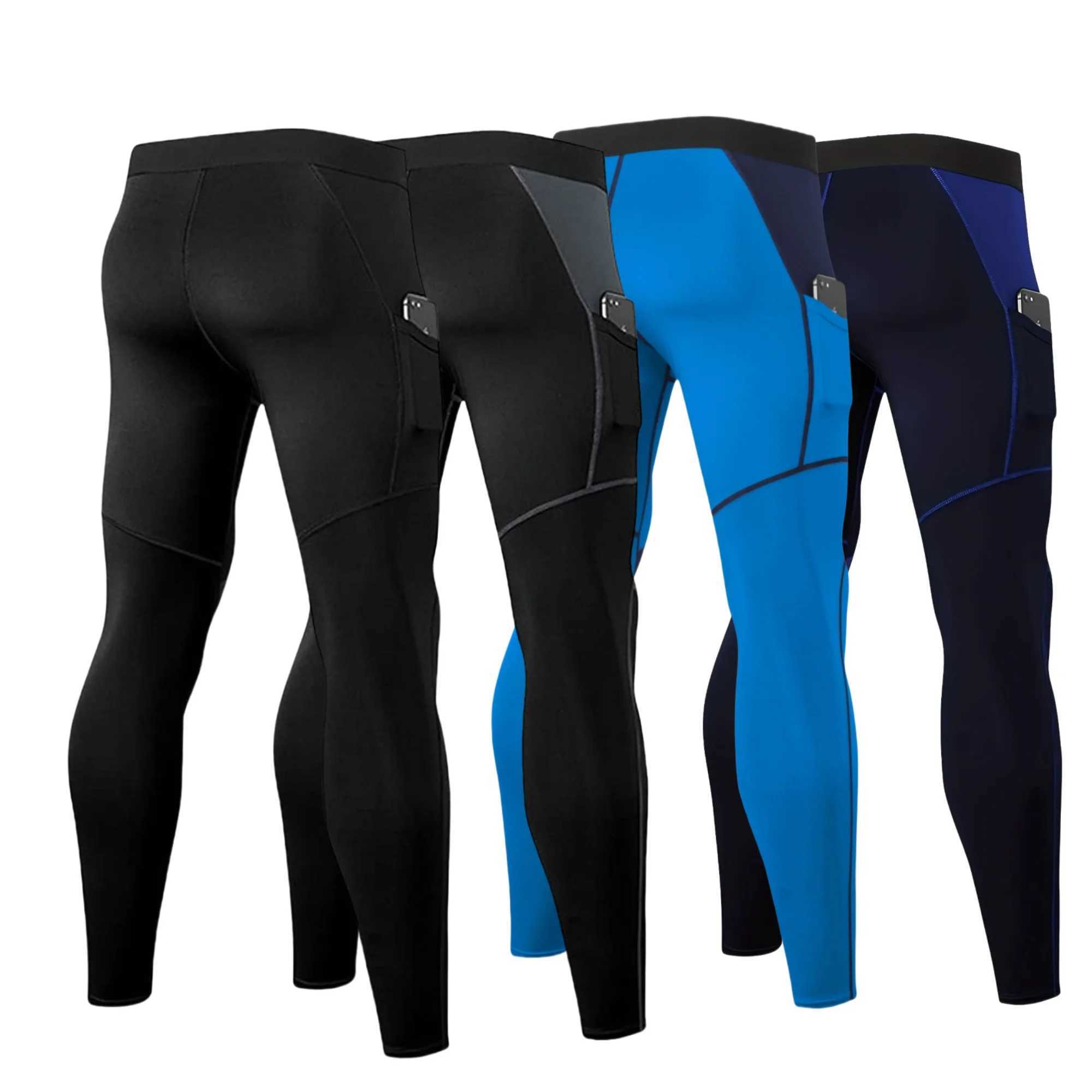 Mens compression pants with pockets exercise legs run tight cool and dry workout gym W250318