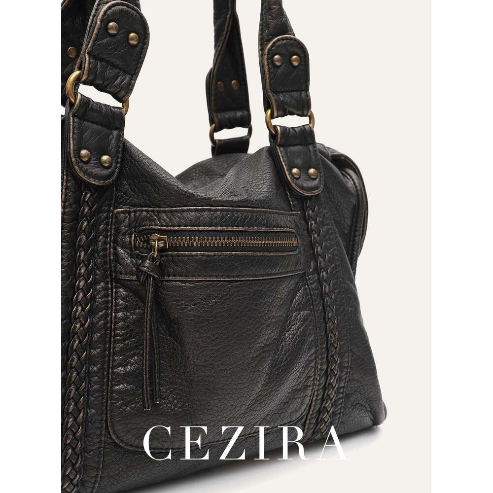 Washed PU Vintage Leather Large Capacity Tote Zip Pockets Braid Decor Shoulder Cross body Bag Unisex Women Daily Travel Handbag