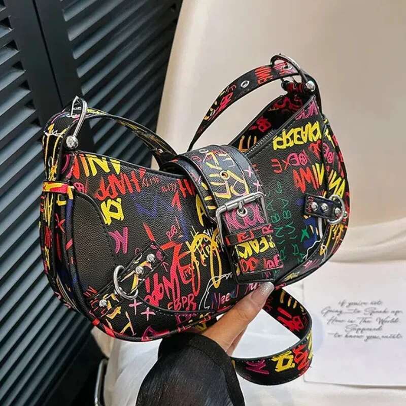 Hip Hop Graffiti Bags For Women 2025 New Leather Underarm Shoulder Bag Ladies Letter Fashion High Quality Hobos Handbag